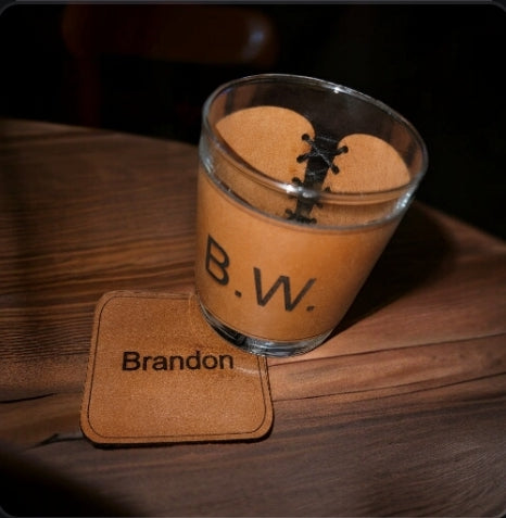 Leather wrapped whiskey glass w coaster